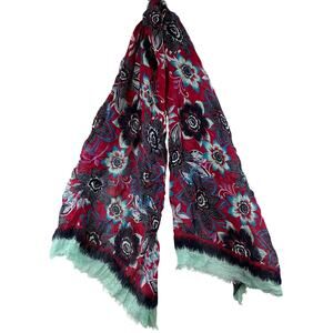 Talbots Floral Oblong Scarf Shawl Frayed Aqua End Red Flowers Linen Cotton Blend